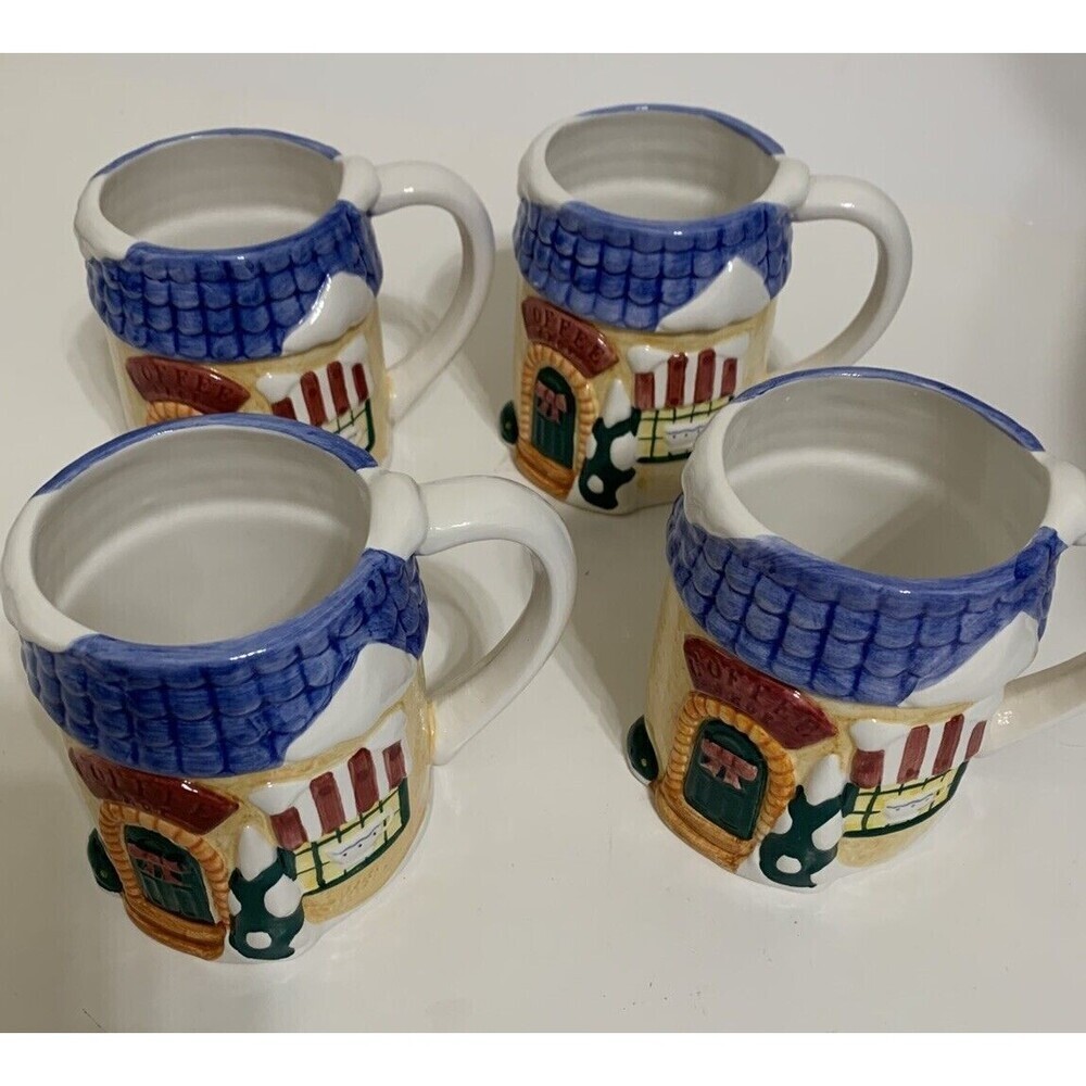 Cooks Club Coffee Shop Mug Cup Set / Lot Of 4 White Blue Christmas Snow